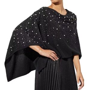 Ming Wang Faux Pearl Embellished Cashmere Wool Blend Boat Neck Poncho